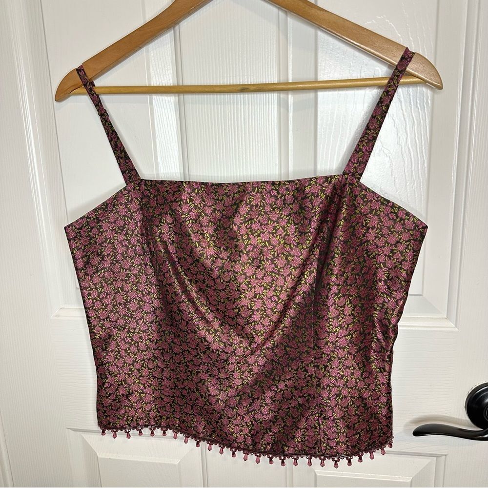 Georgiou Studio 100% Acetate Pink Green Floral Beaded Cami Top Sz 10 Fairy Boho